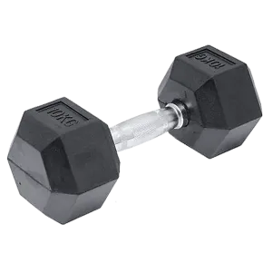 10KG Rubber Hex Dumbbell, Ergonomic, Contoured Handles