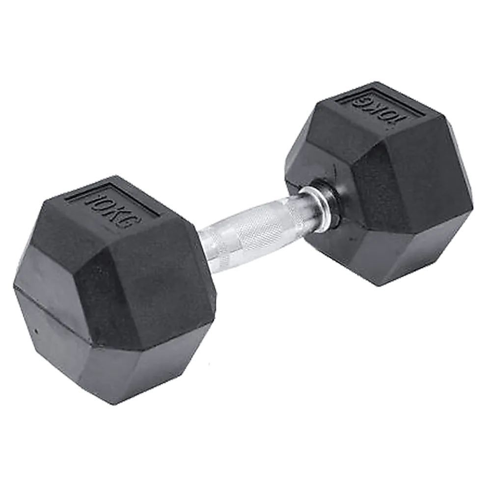 10KG Rubber Hex Dumbbell, Ergonomic, Contoured Handles