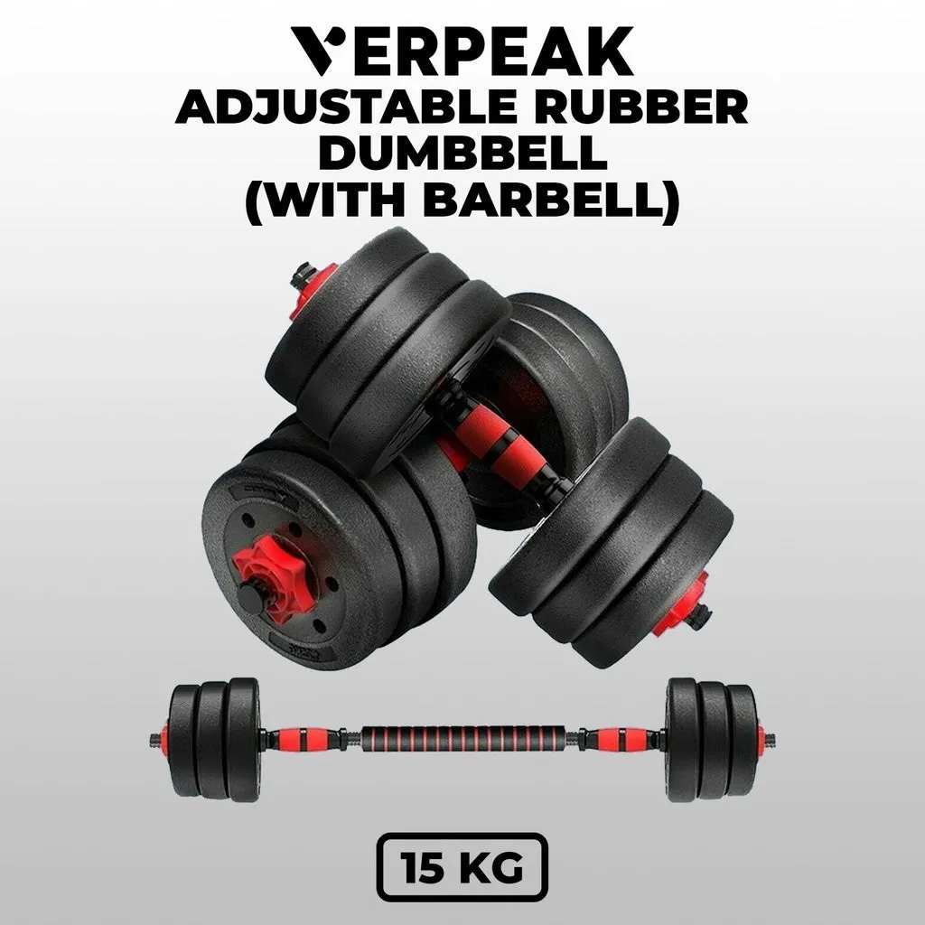 Adjustable Rubber Dumbbell Set 15KG, Non-Slip Grip - VERPEAK