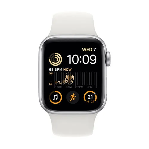 Apple Watch SE 2 (2022) 44mm (GPS CELLULAR) - Silver Aluminum Case with White Sport Band - Size:M/S - (MNU13LL/A)