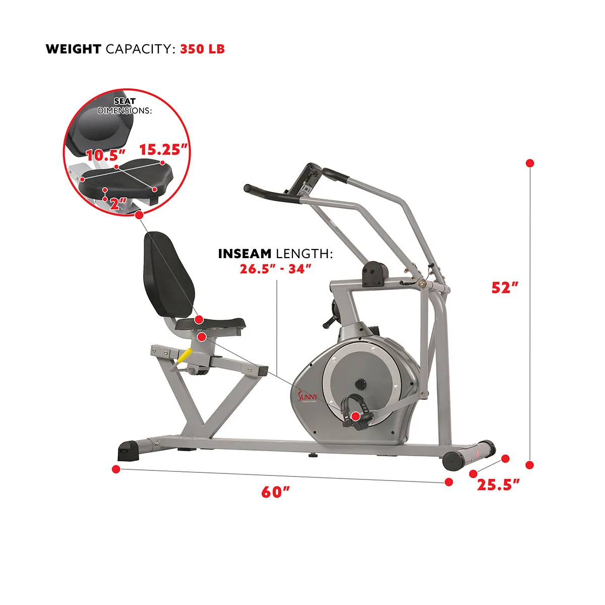 Arm Exerciser Magnetic Recumbent Bike Cross Trainer w/ High 350 LB Weight Capacity