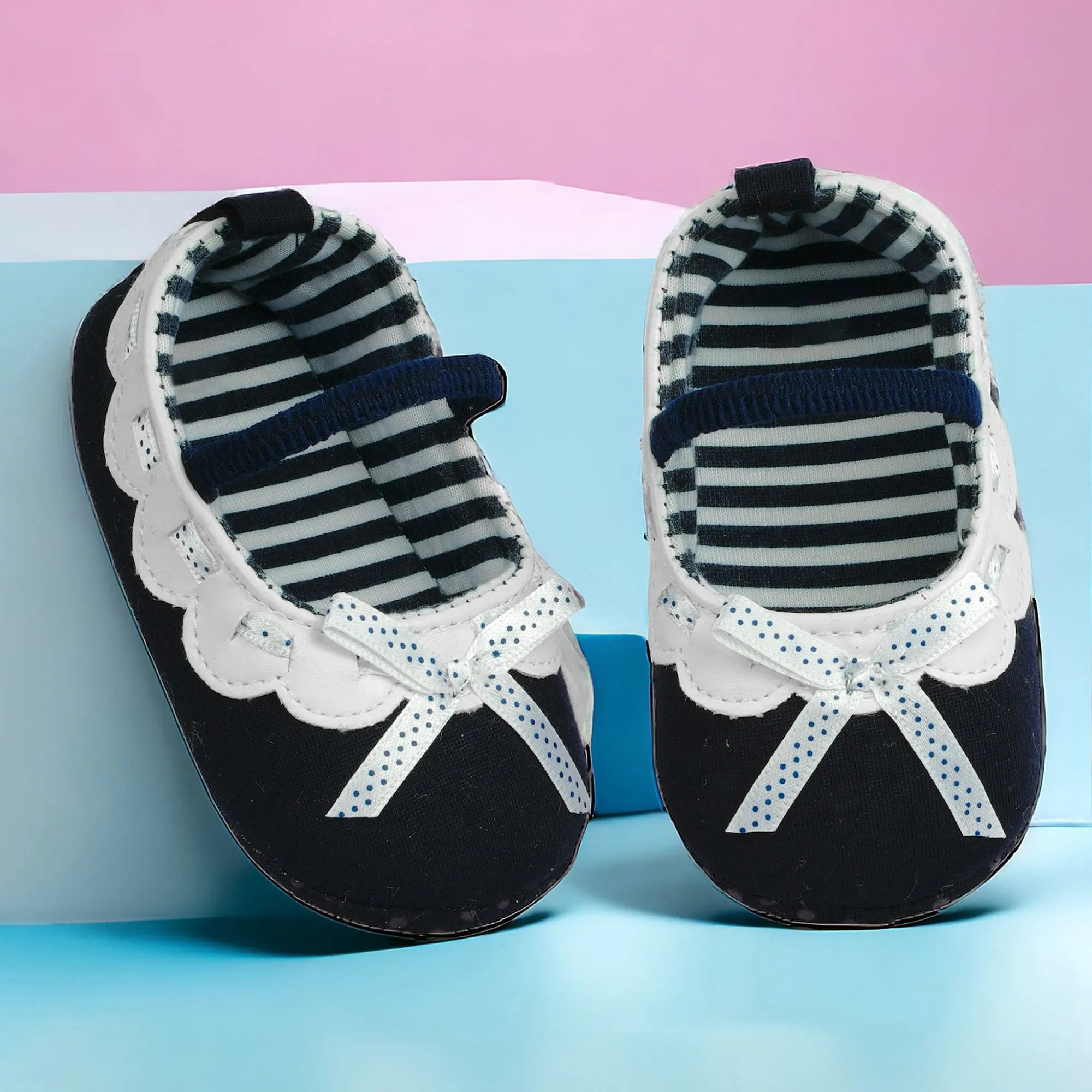 Baby Moo Bow Knot Elastic Strap Slip-On Anti-Skid Ballerina Booties - Navy Blue