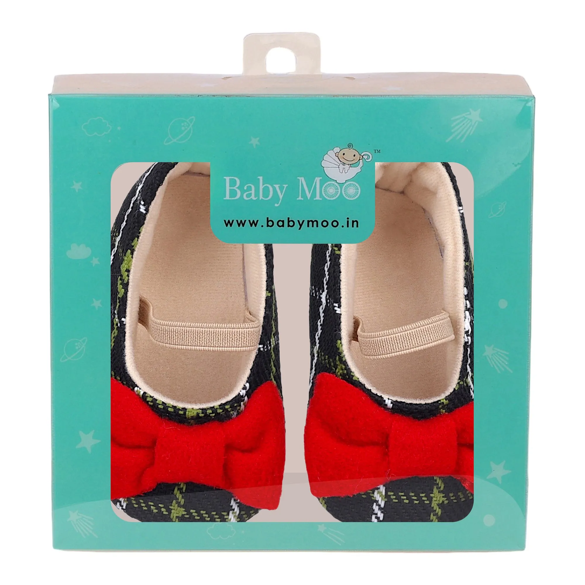 Baby Moo Bow With Elastic Strap Plaid Ballerina Booties - Black