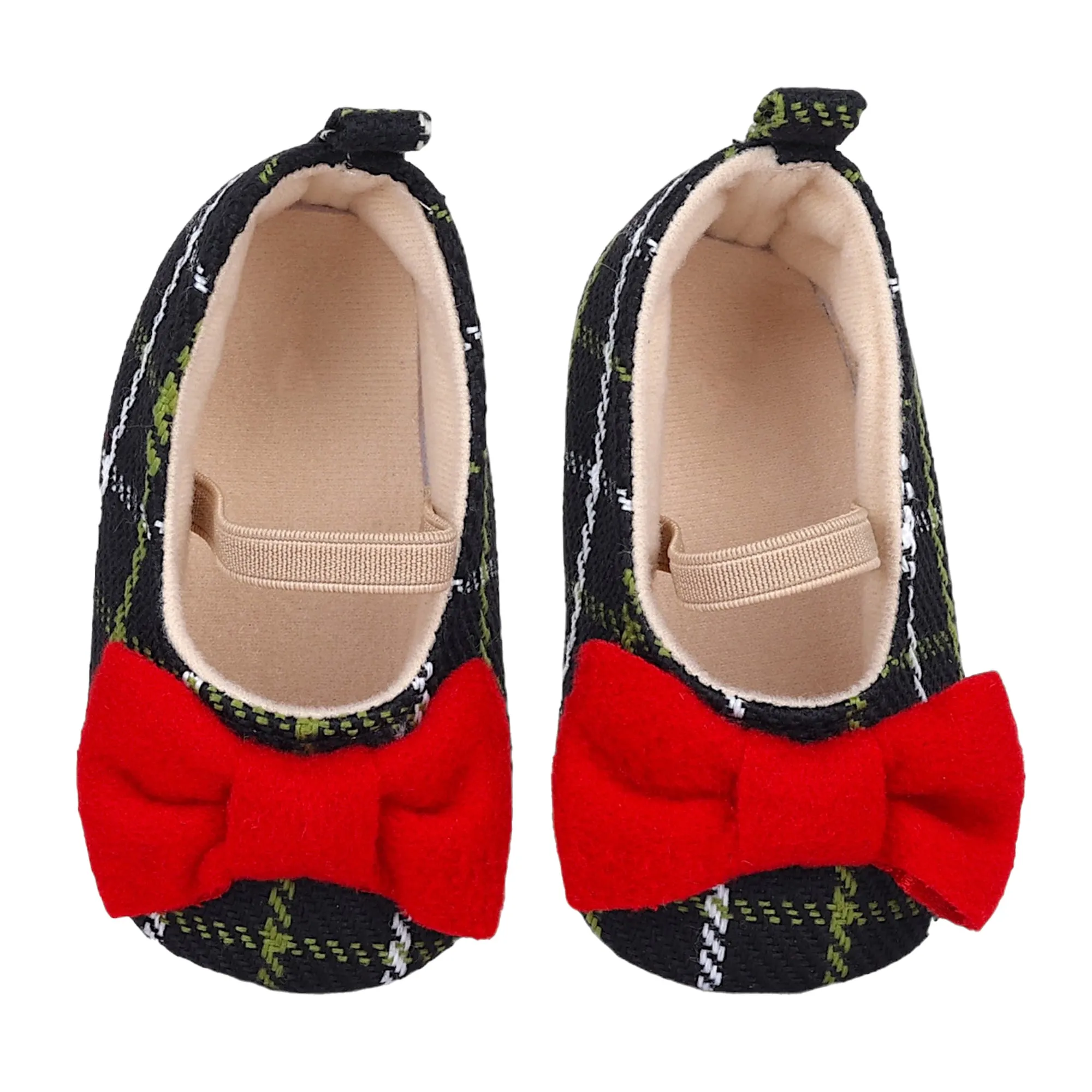 Baby Moo Bow With Elastic Strap Plaid Ballerina Booties - Black