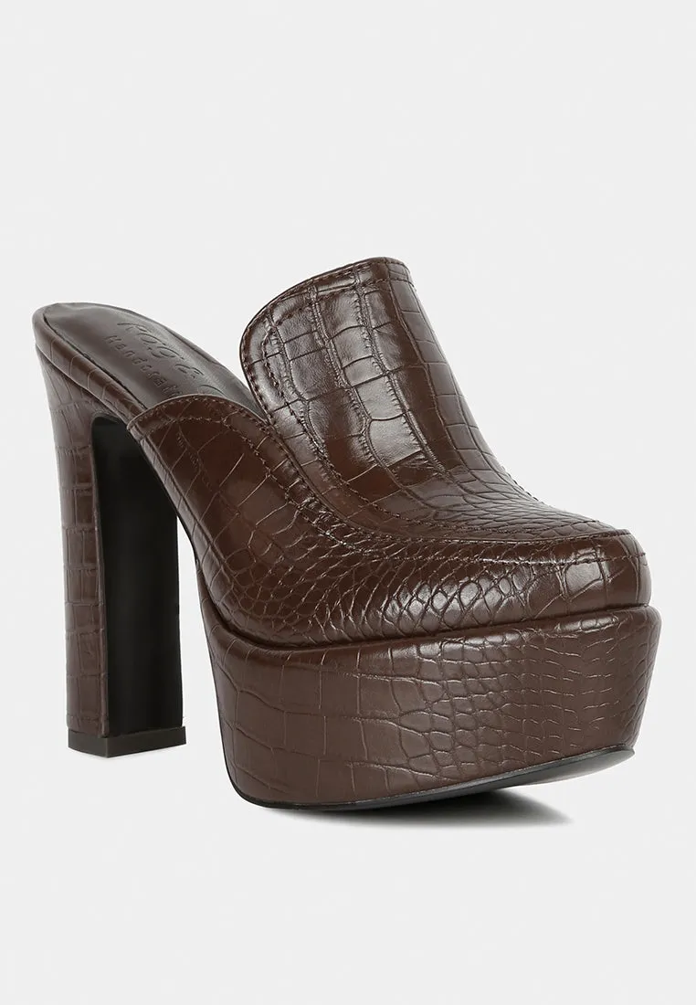 BAUHAUS Brown Croc Pattern Heeled Platform Mules