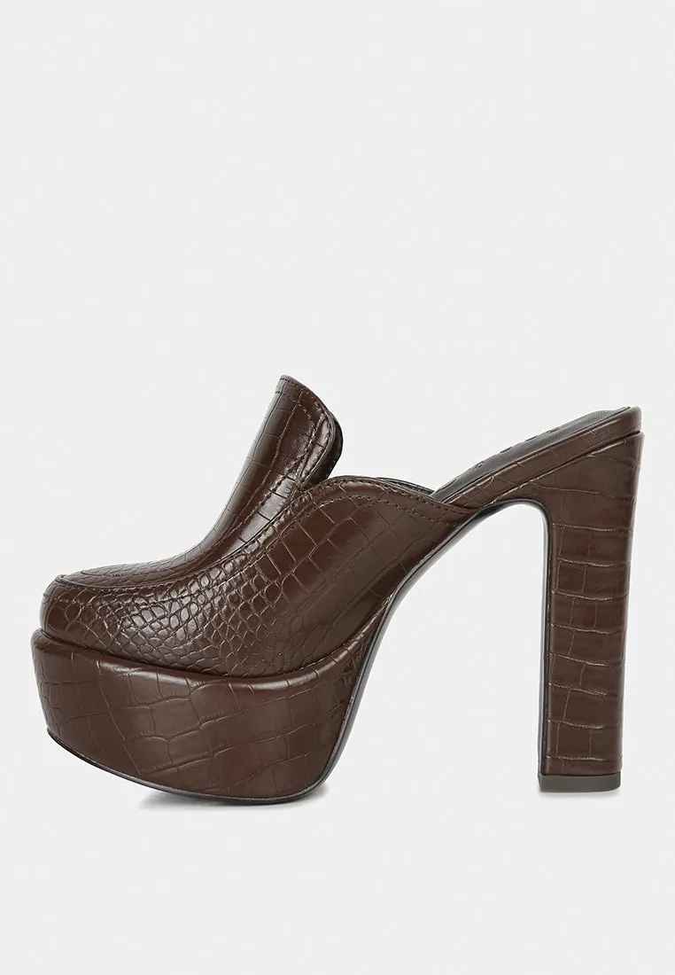 BAUHAUS Brown Croc Pattern Heeled Platform Mules