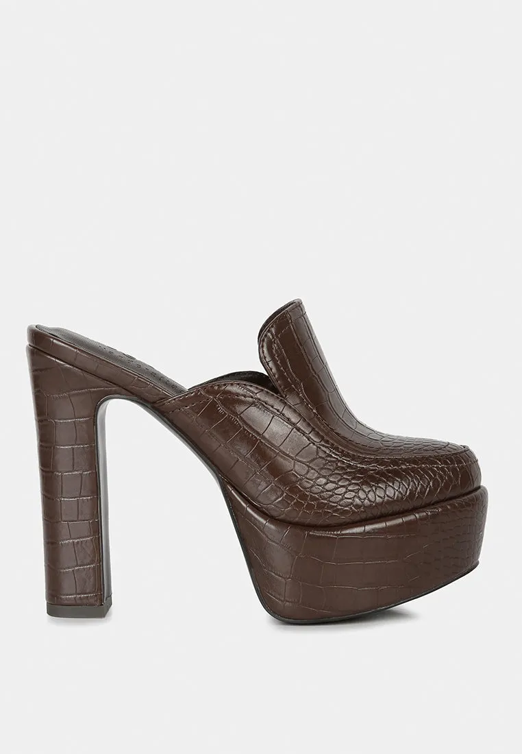 BAUHAUS Brown Croc Pattern Heeled Platform Mules