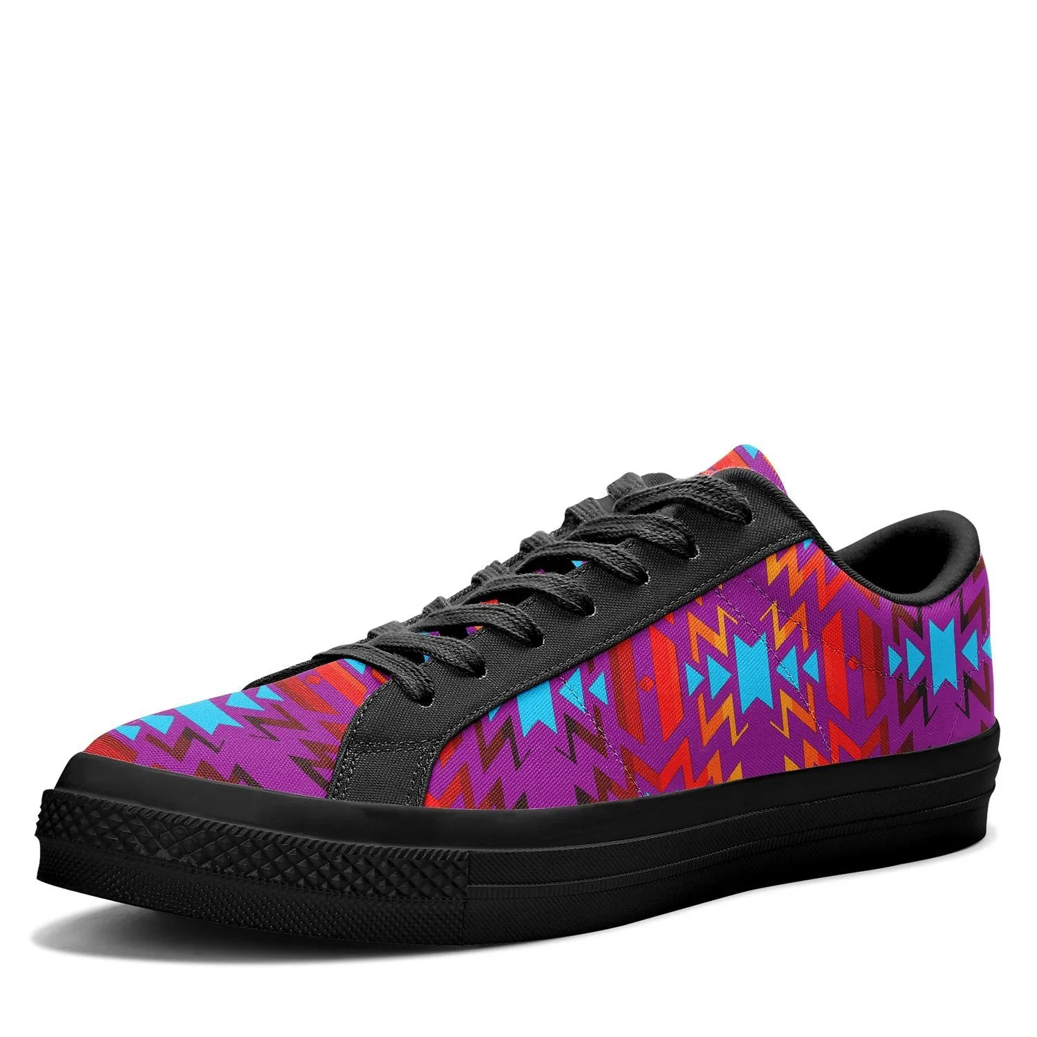 Big Pattern Fire Colors and Turquoise Purple Aapisi Low Top Canvas Shoes Black Sole