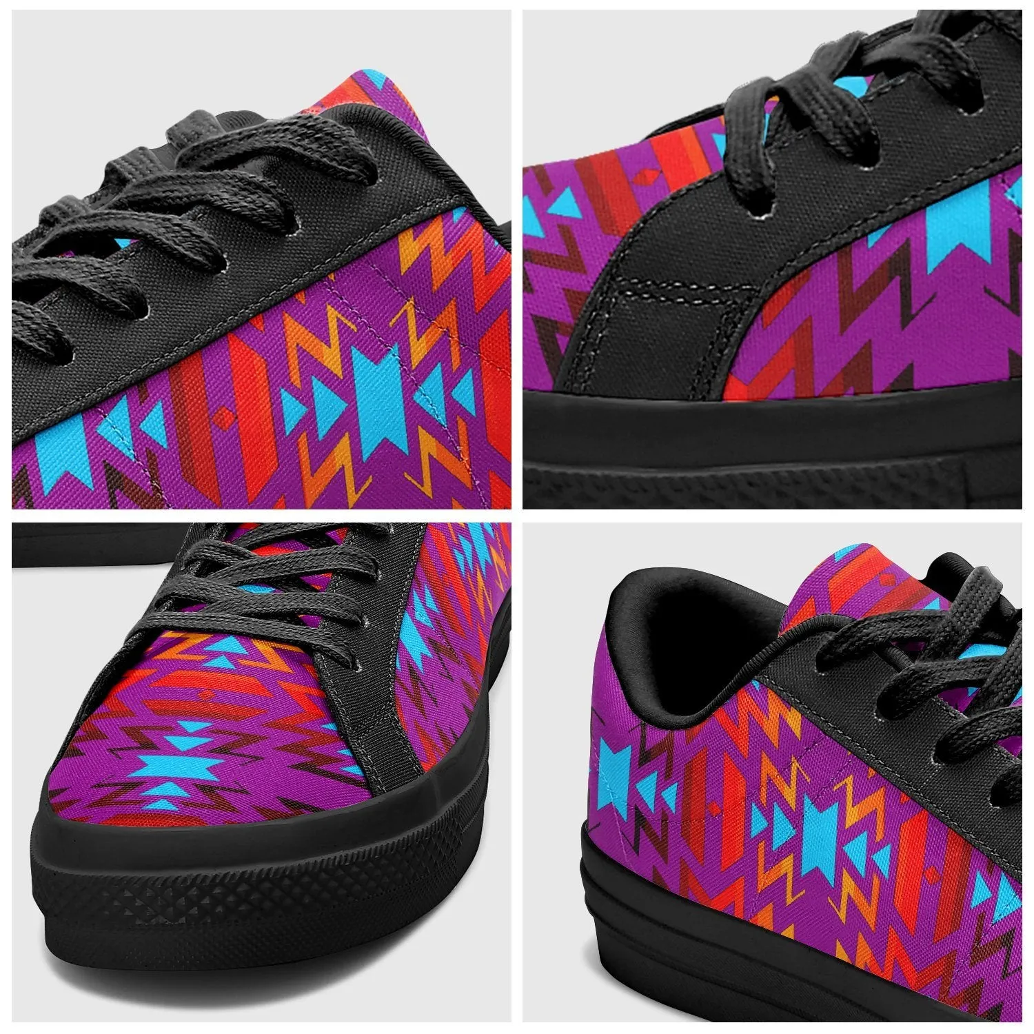 Big Pattern Fire Colors and Turquoise Purple Aapisi Low Top Canvas Shoes Black Sole