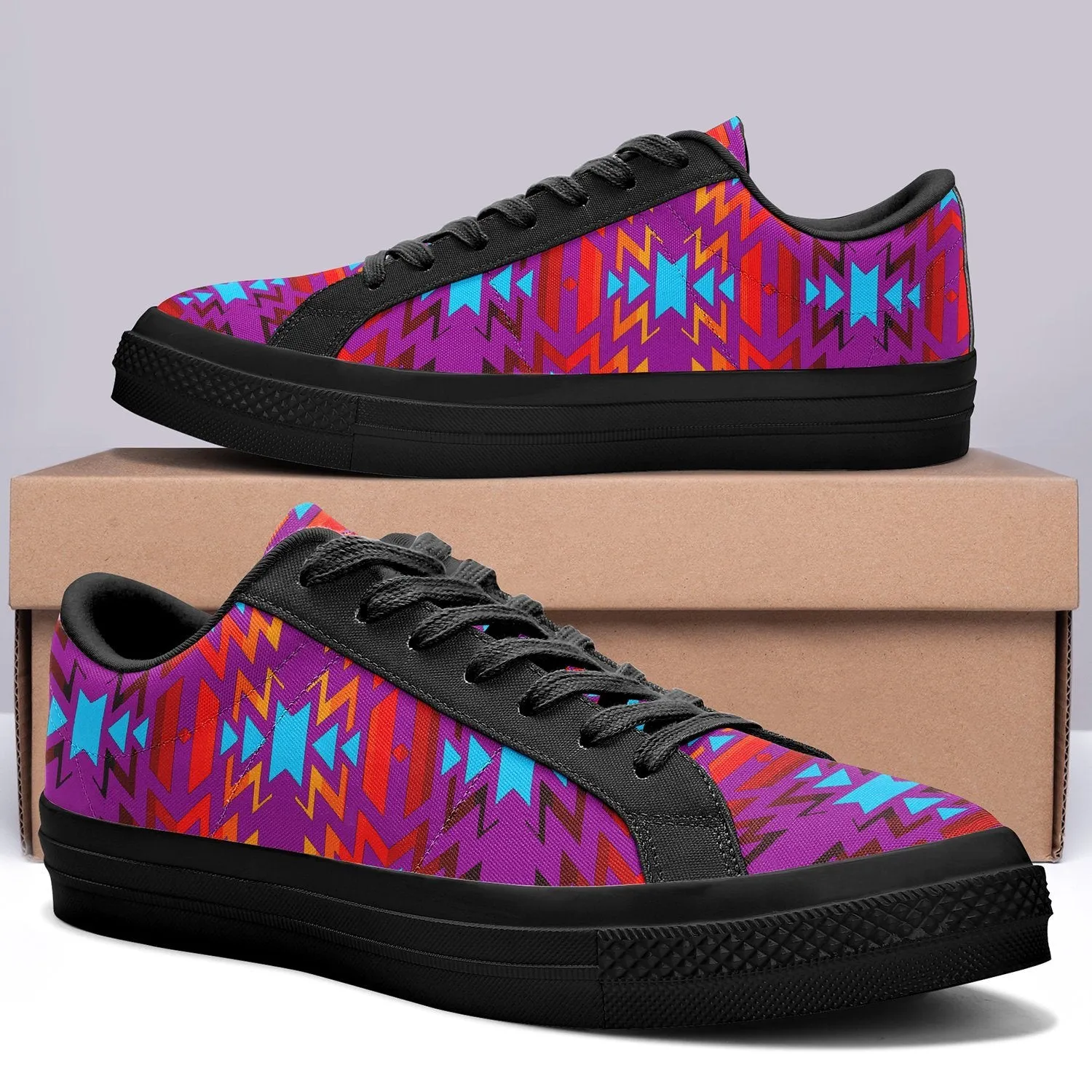 Big Pattern Fire Colors and Turquoise Purple Aapisi Low Top Canvas Shoes Black Sole