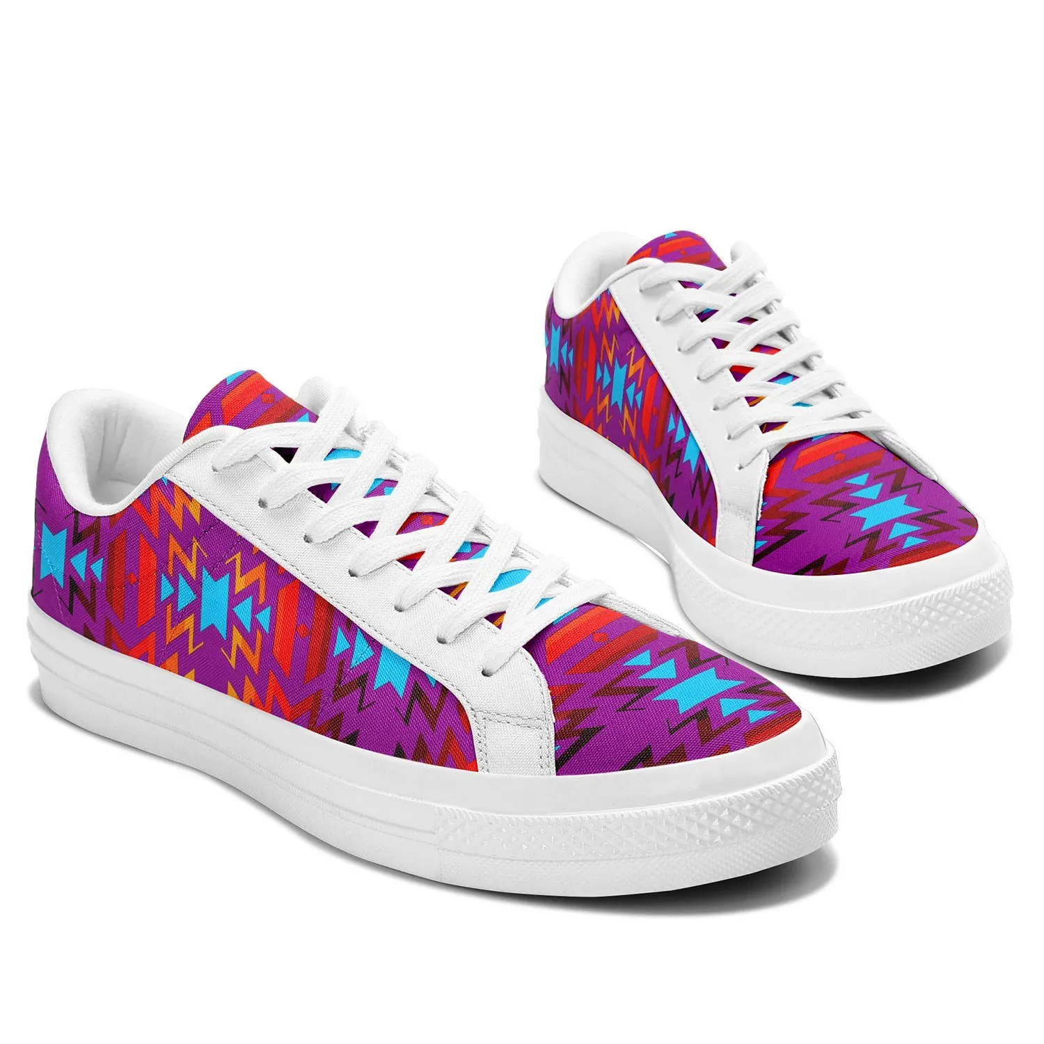 Big Pattern Fire Colors and Turquoise Purple Aapisi Low Top Canvas Shoes White Sole