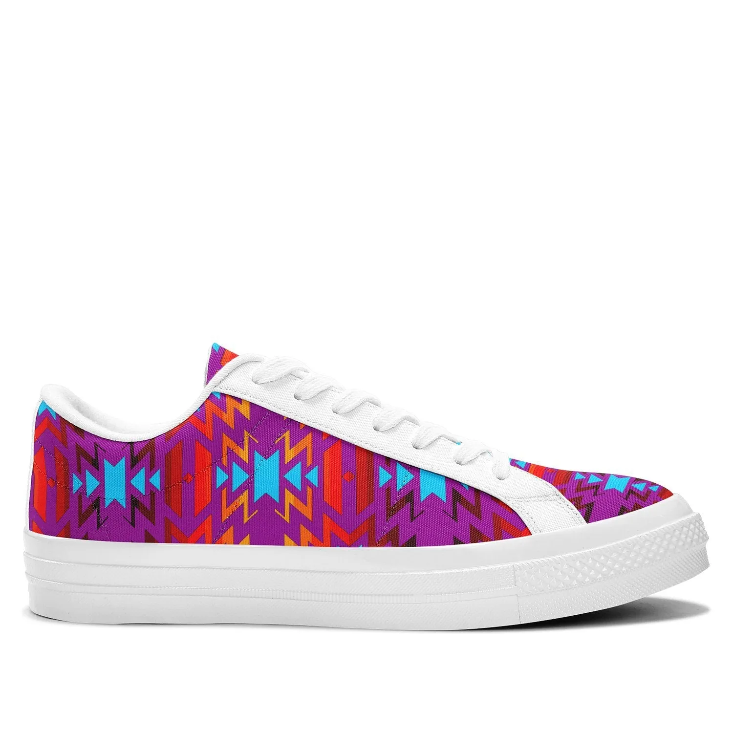 Big Pattern Fire Colors and Turquoise Purple Aapisi Low Top Canvas Shoes White Sole