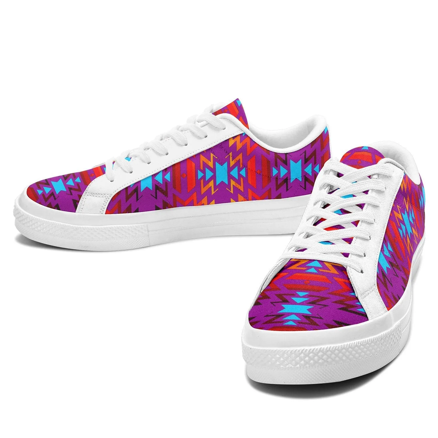 Big Pattern Fire Colors and Turquoise Purple Aapisi Low Top Canvas Shoes White Sole