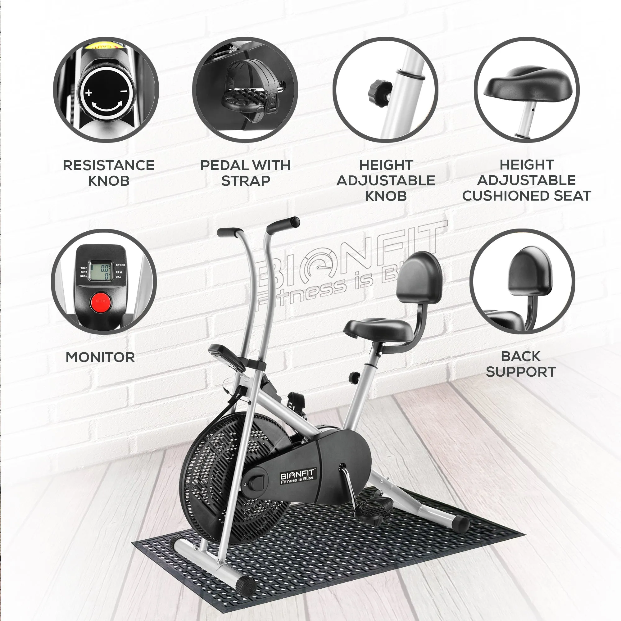 Bionfit ON02F Heavy-Duty Fixed-Handle Air Bike with Back Support for Users up to 100kg - 2 Year Warranty