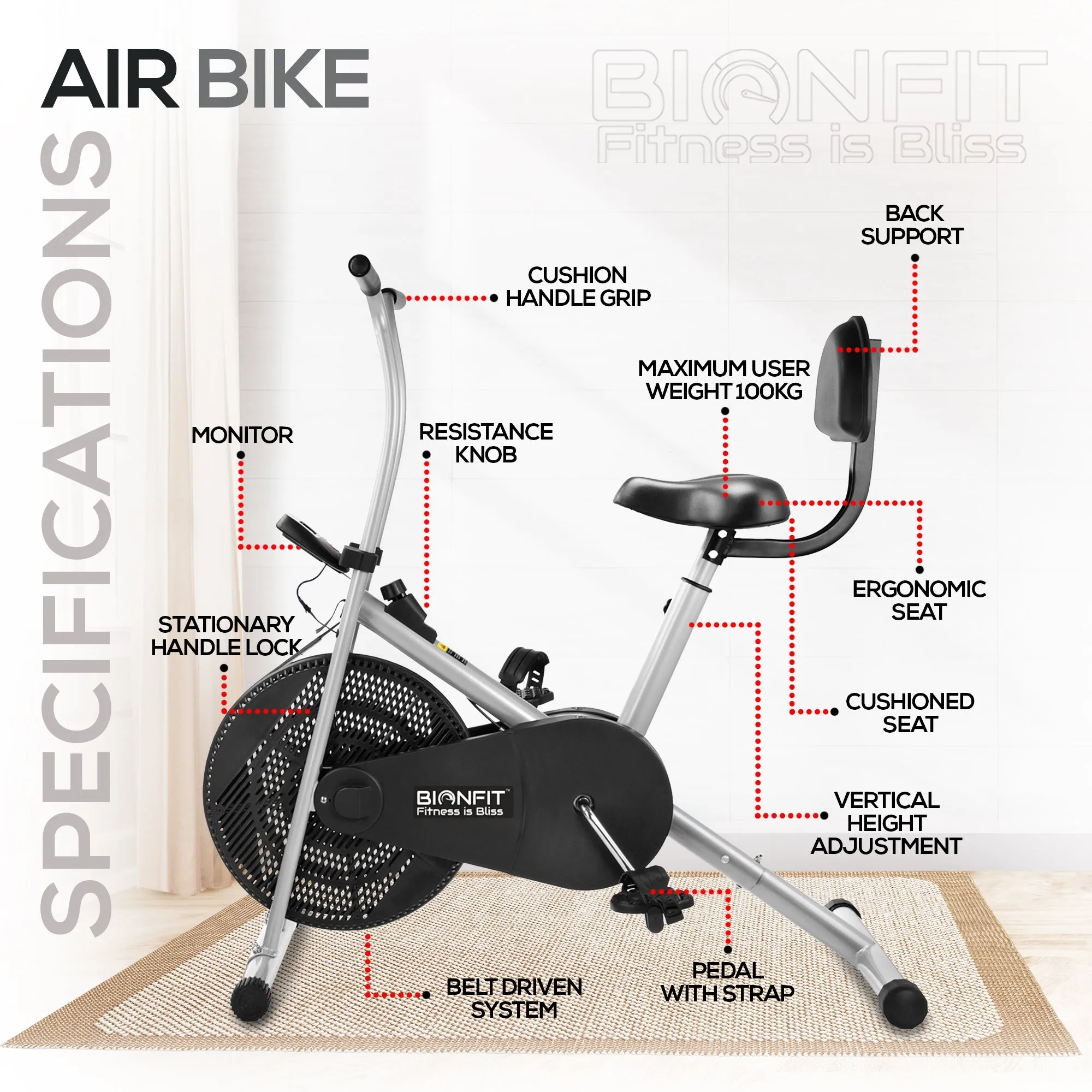 Bionfit ON02F Heavy-Duty Fixed-Handle Air Bike with Back Support for Users up to 100kg - 2 Year Warranty