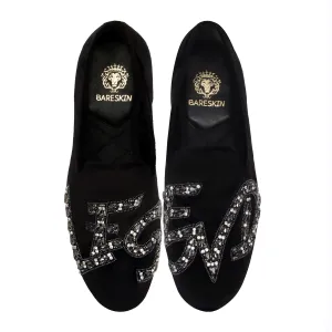 Black Italian Velvet Slip-On Shoes with Grey Finish Crystal Stones LEGEND Embellished