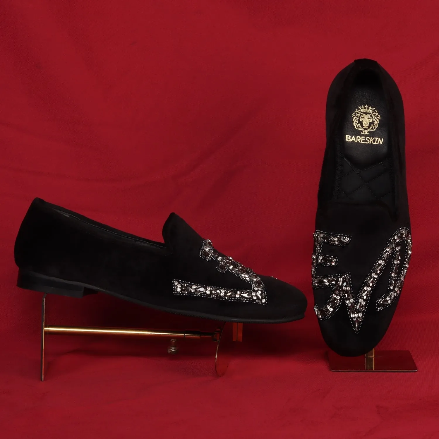 Black Italian Velvet Slip-On Shoes with Grey Finish Crystal Stones LEGEND Embellished