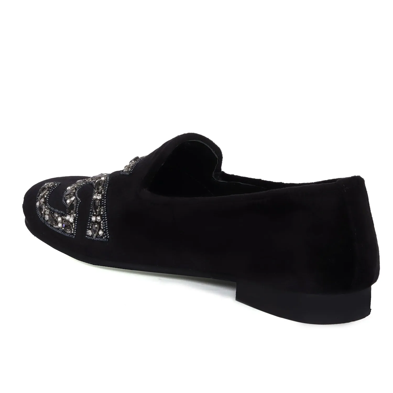 Black Italian Velvet Slip-On Shoes with Grey Finish Crystal Stones LEGEND Embellished