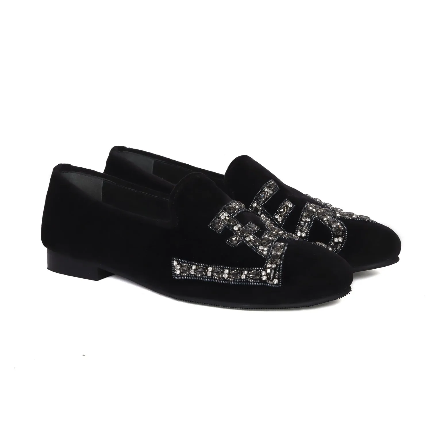 Black Italian Velvet Slip-On Shoes with Grey Finish Crystal Stones LEGEND Embellished