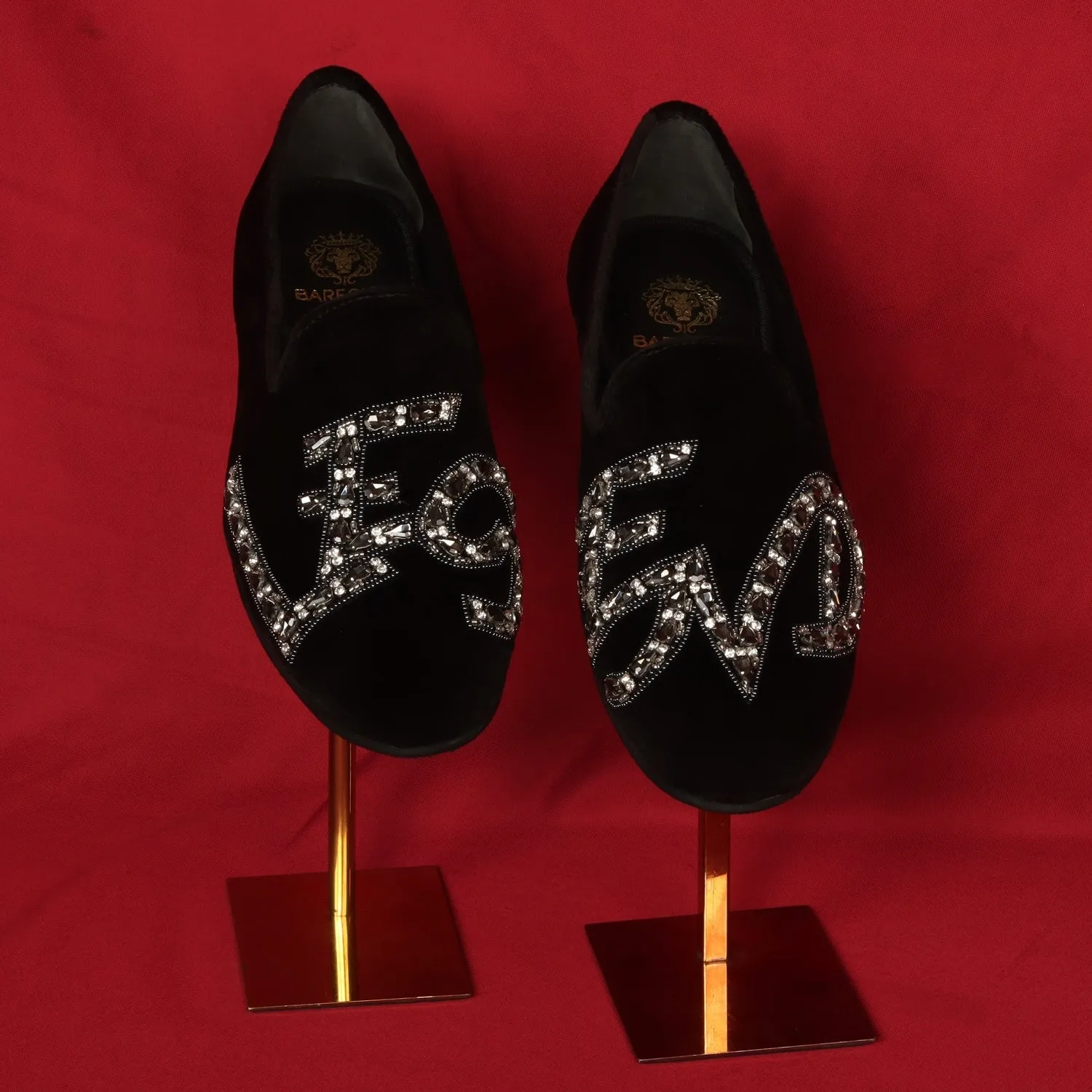 Black Italian Velvet Slip-On Shoes with Grey Finish Crystal Stones LEGEND Embellished