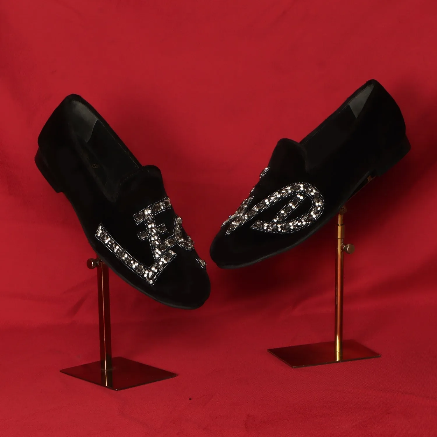 Black Italian Velvet Slip-On Shoes with Grey Finish Crystal Stones LEGEND Embellished