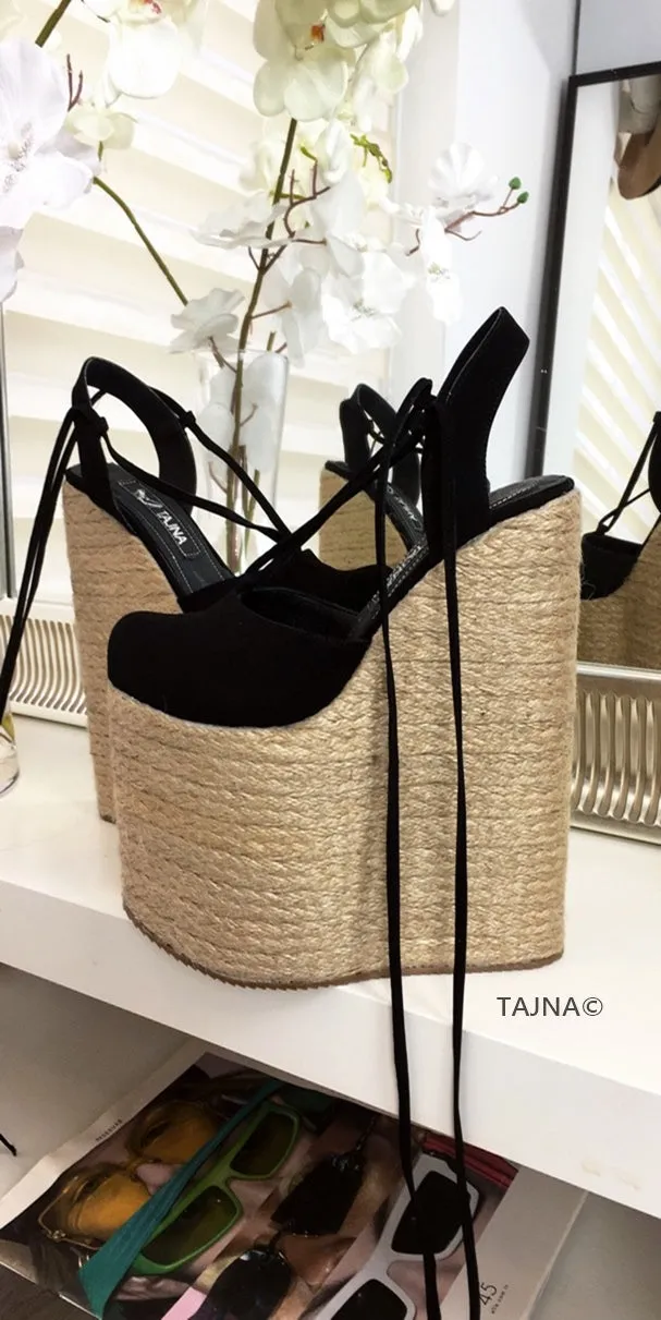 Black Lace Up High Heel Wedge Sandals