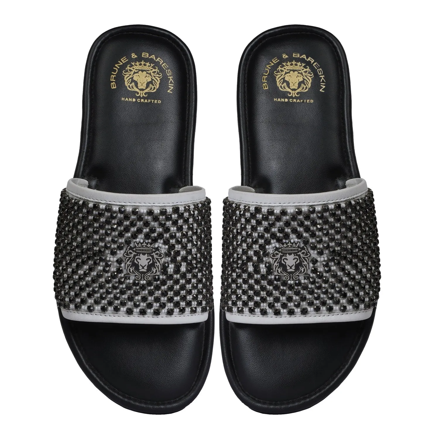 Black Stones On White Leather Strap Ethnic Slide-In-Slippers by Brune & Bareskin