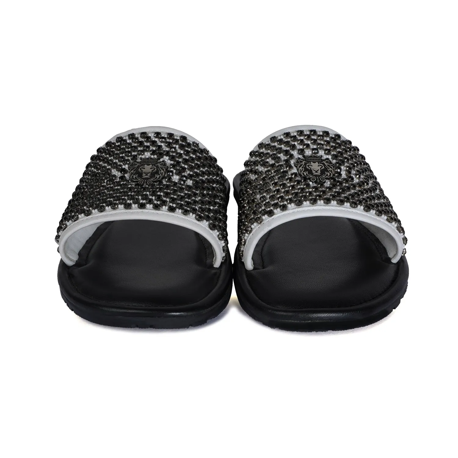 Black Stones On White Leather Strap Ethnic Slide-In-Slippers by Brune & Bareskin