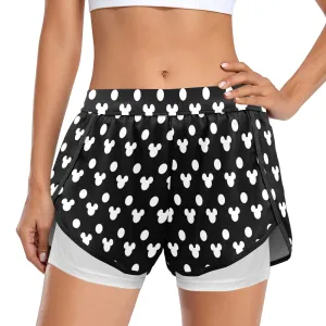 Black With White Mickey Polka Dots Women's Sports Shorts With Compression Liner