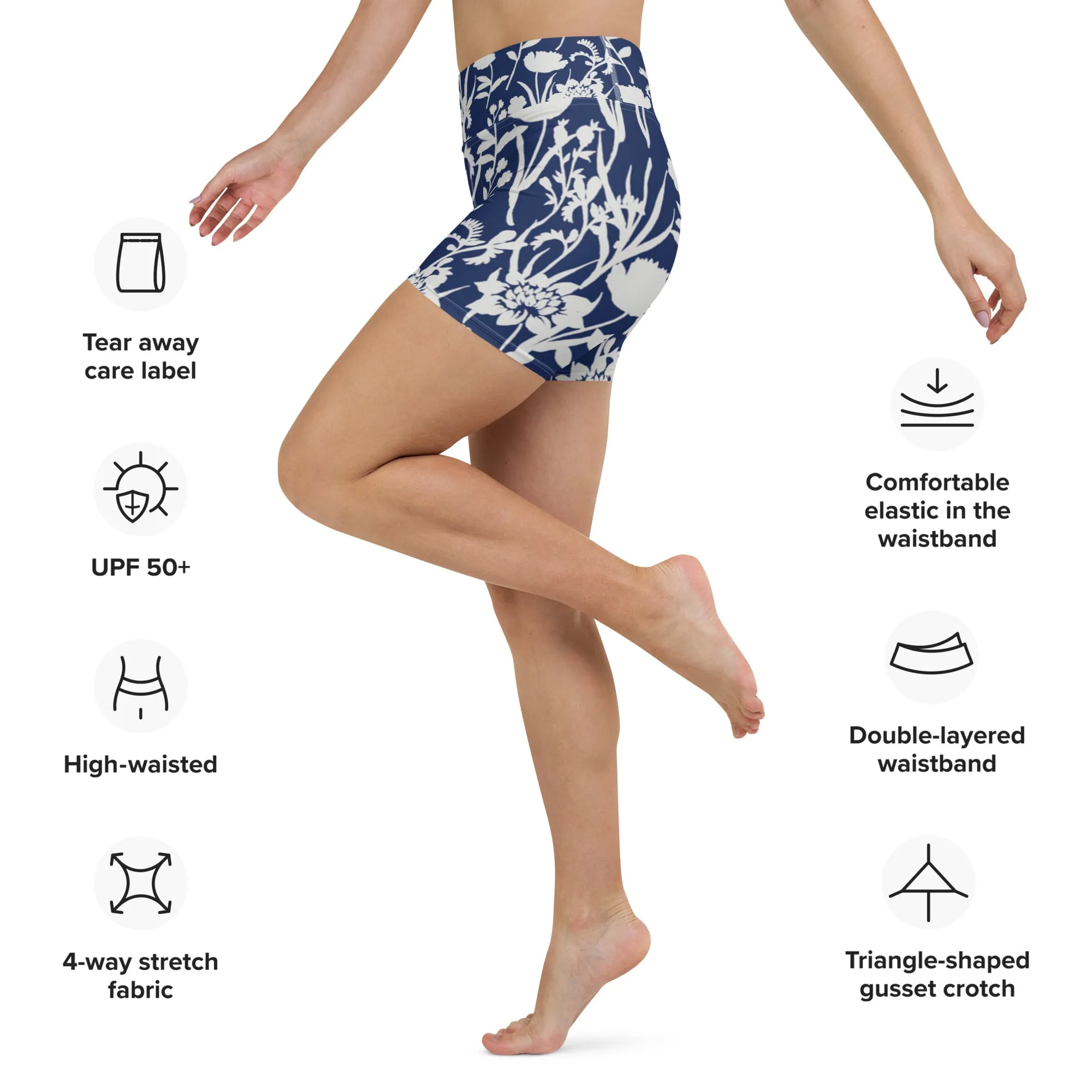 Blue and White Flower Garden High Waist Yoga Shorts