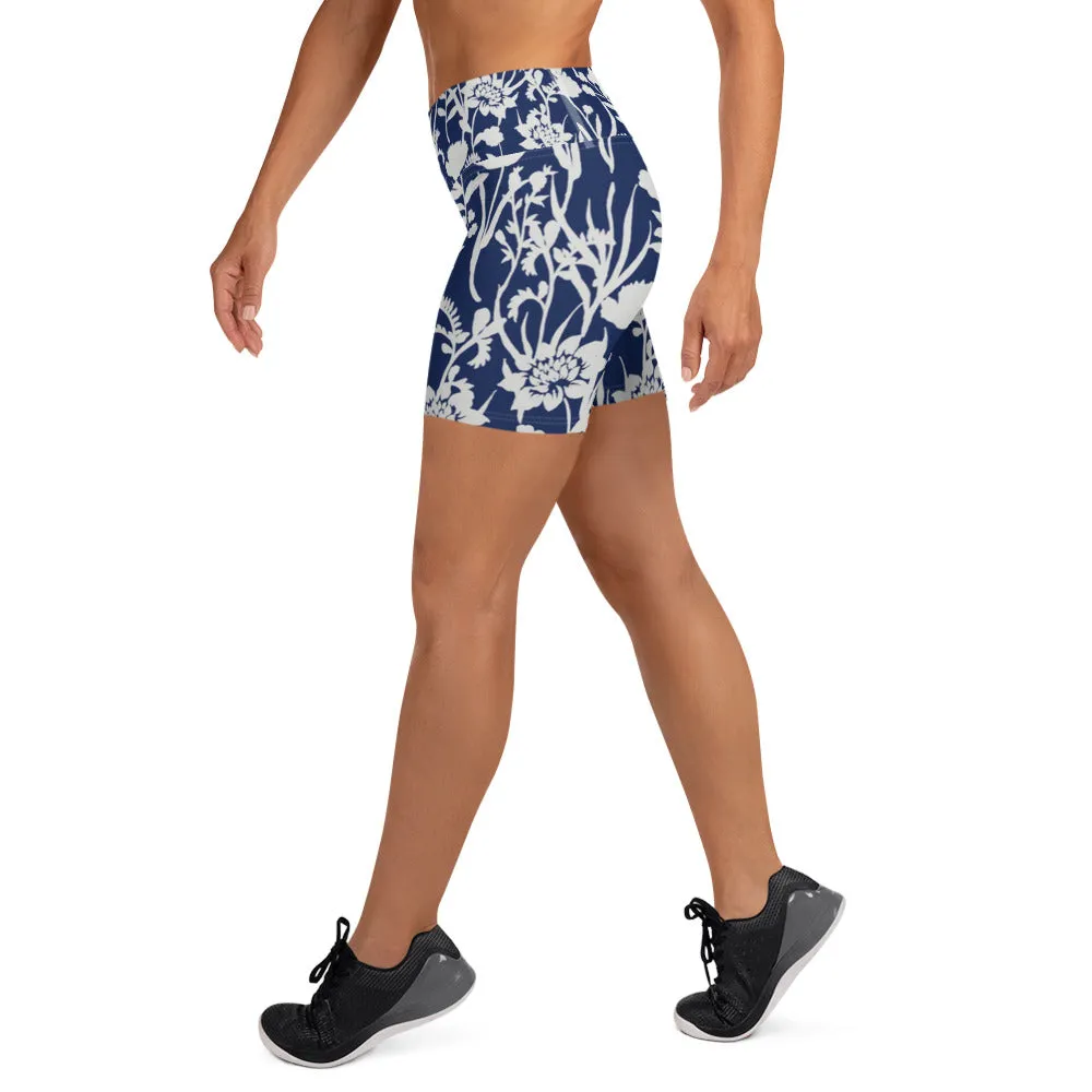 Blue and White Flower Garden High Waist Yoga Shorts