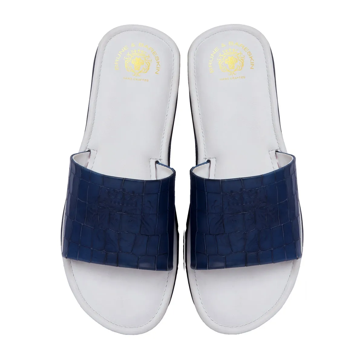 Blue Embossed Lion Deep Cut Strap White Leather Slide-In-Slippers