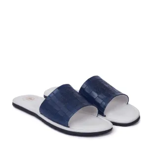 Blue Embossed Lion Deep Cut Strap White Leather Slide-In-Slippers