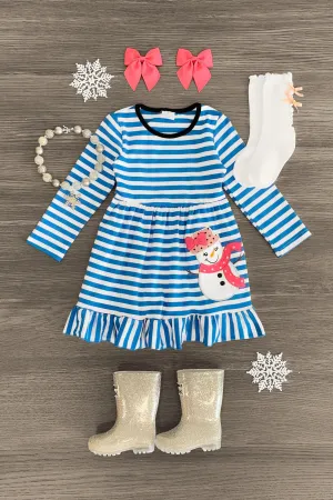 Blue Striped Snowman Dress