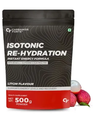 Carbamide Forte Isotonic Powder | Pre Workout Supplement For Men And Women| Instant Energy Drink for PreWorkout | Electrolytes Powder with added BCAA & L Glutamine - Litchi Flavour - 500g (Pack of 1)