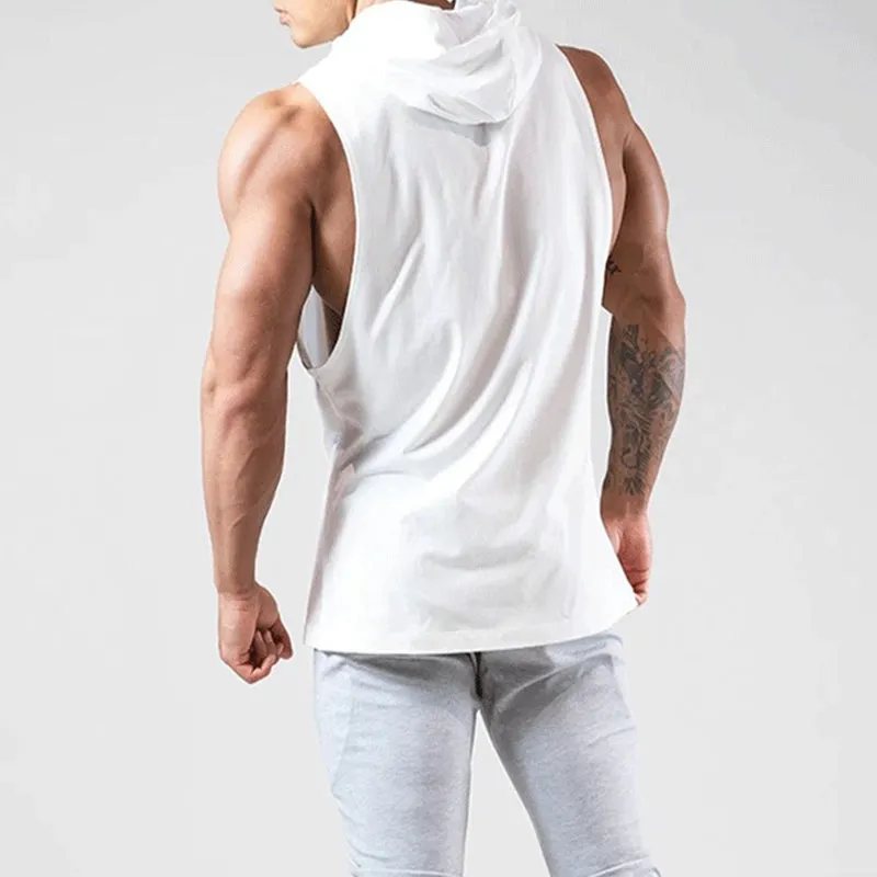 COTTON SLEEVELESS MEN’S WORKOUT FITNESS HOODED TANK TOP