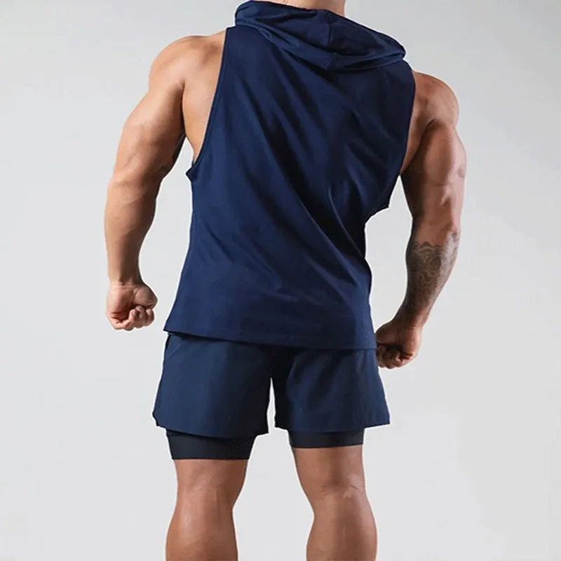 COTTON SLEEVELESS MEN’S WORKOUT FITNESS HOODED TANK TOP