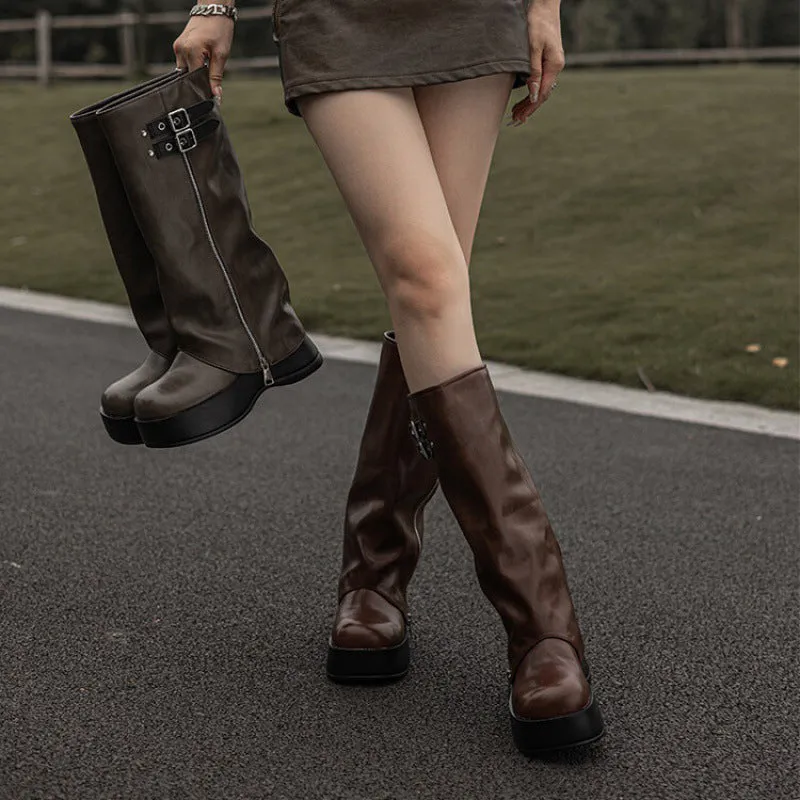 Cow Leather Women's Folded Big Round Toe High-Calf Boots With Side Zipper in Black/Brown/Khaki