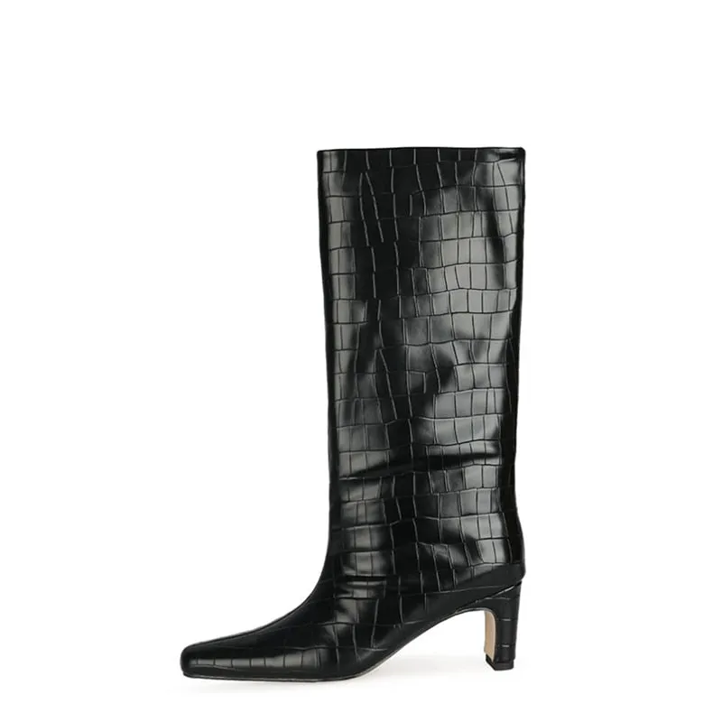 CrocLuxe Exotic Square Toe Slip-On Mid-Calf Boots