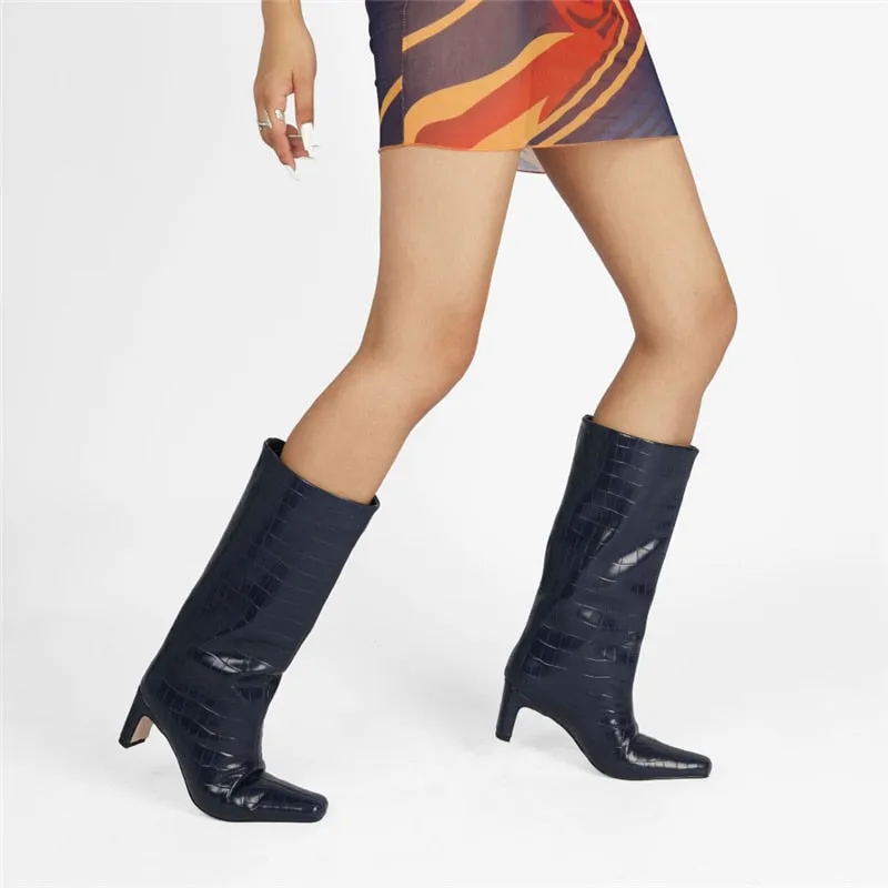 CrocLuxe Exotic Square Toe Slip-On Mid-Calf Boots