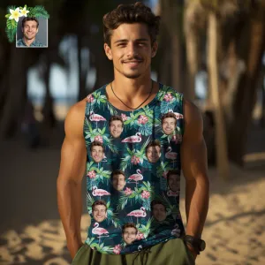 Custom Thick Face Tank Tops Men's Sleeveless Shirt Leaves & Flamingo