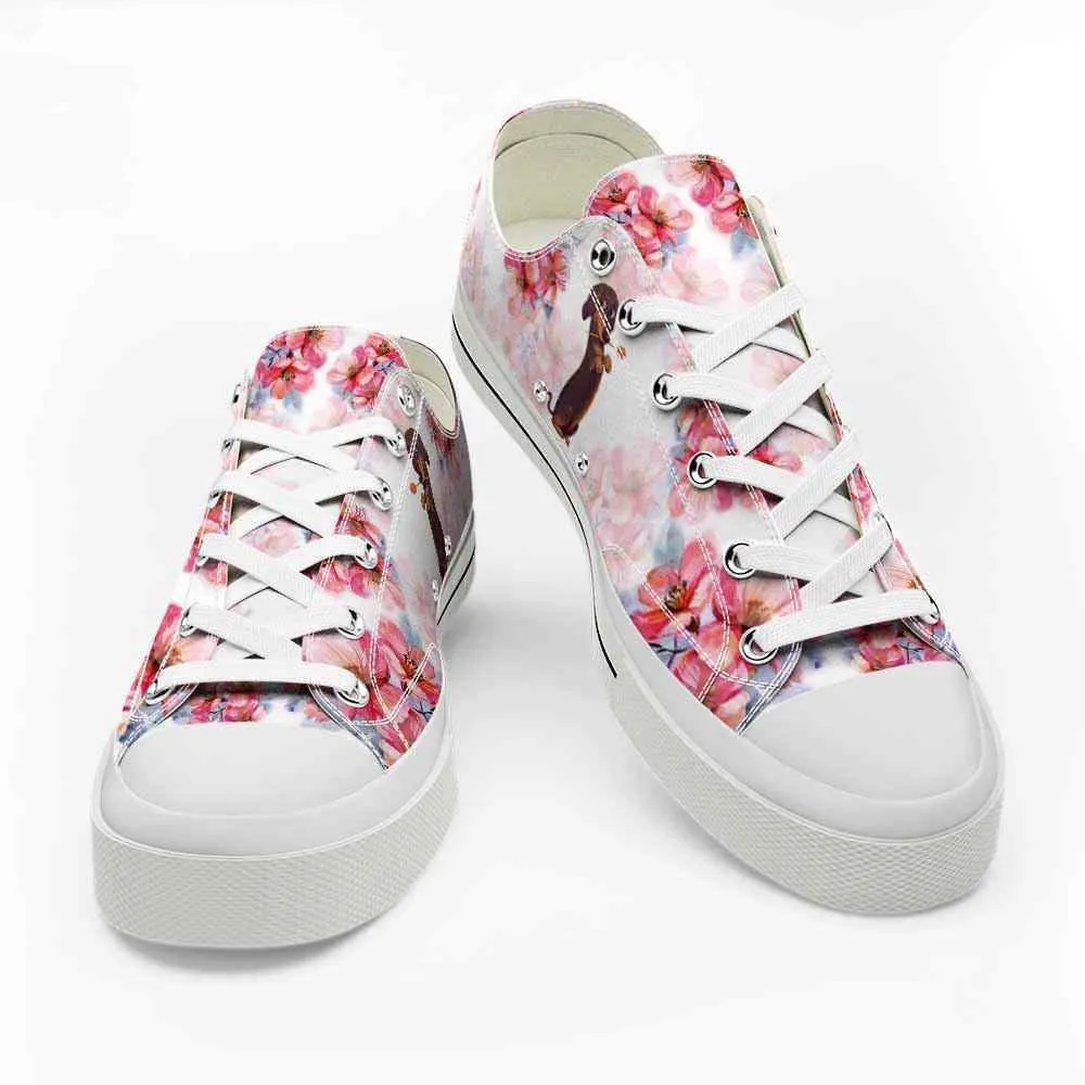 Dachshund Flowers Watercolor Low Top Shoes - Happy International Dog Day Canvas Sneaker, Dog Printed Shoes, Canvas Shoes For Men, Women