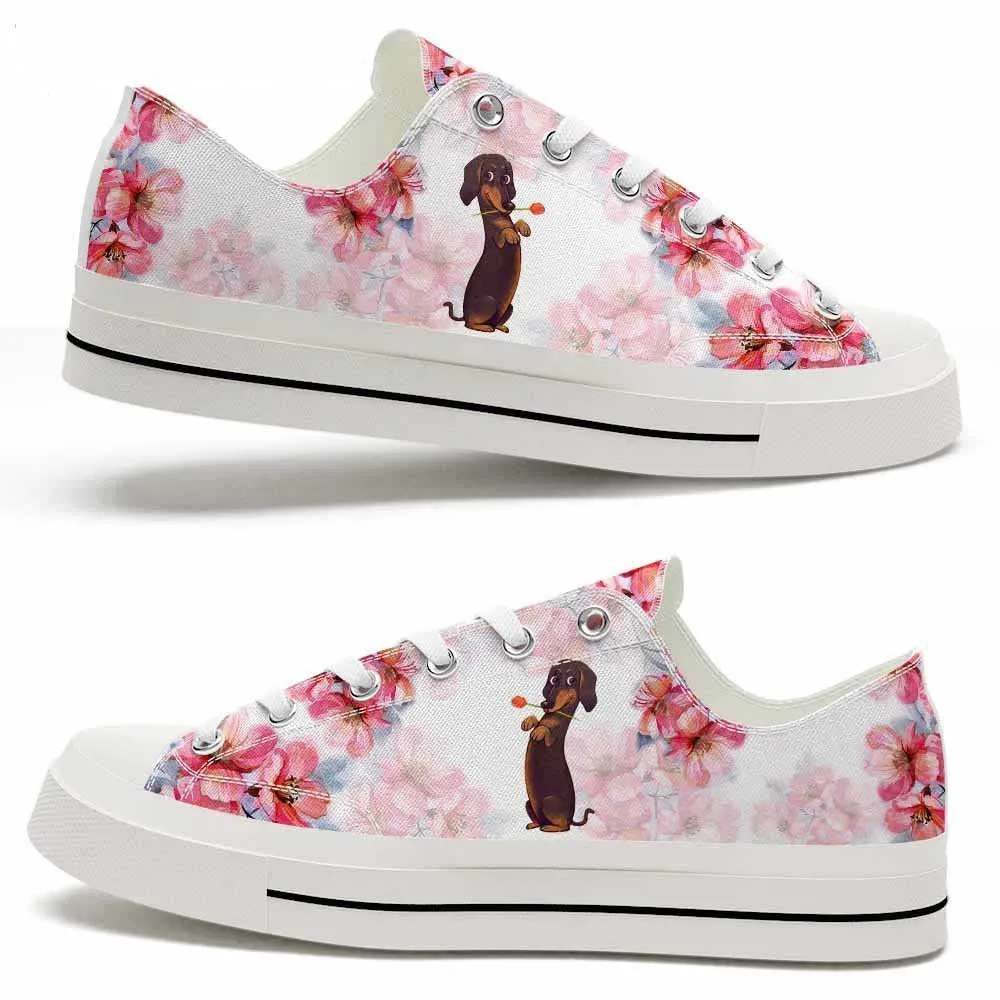 Dachshund Flowers Watercolor Low Top Shoes - Happy International Dog Day Canvas Sneaker, Dog Printed Shoes, Canvas Shoes For Men, Women