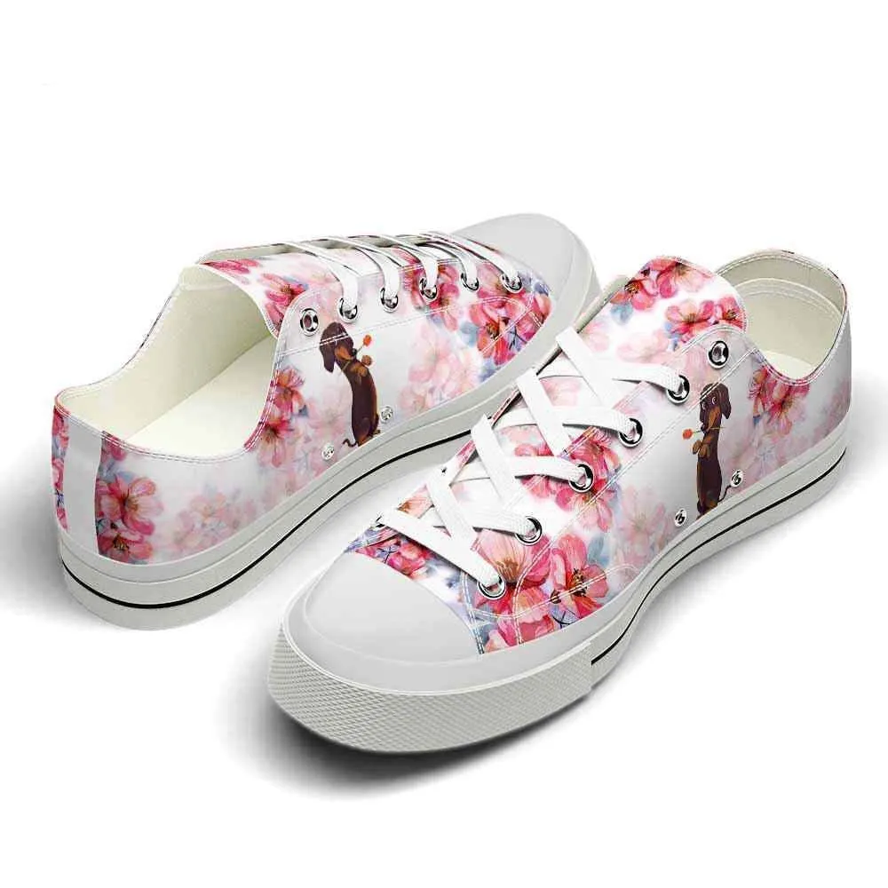 Dachshund Flowers Watercolor Low Top Shoes - Happy International Dog Day Canvas Sneaker, Dog Printed Shoes, Canvas Shoes For Men, Women