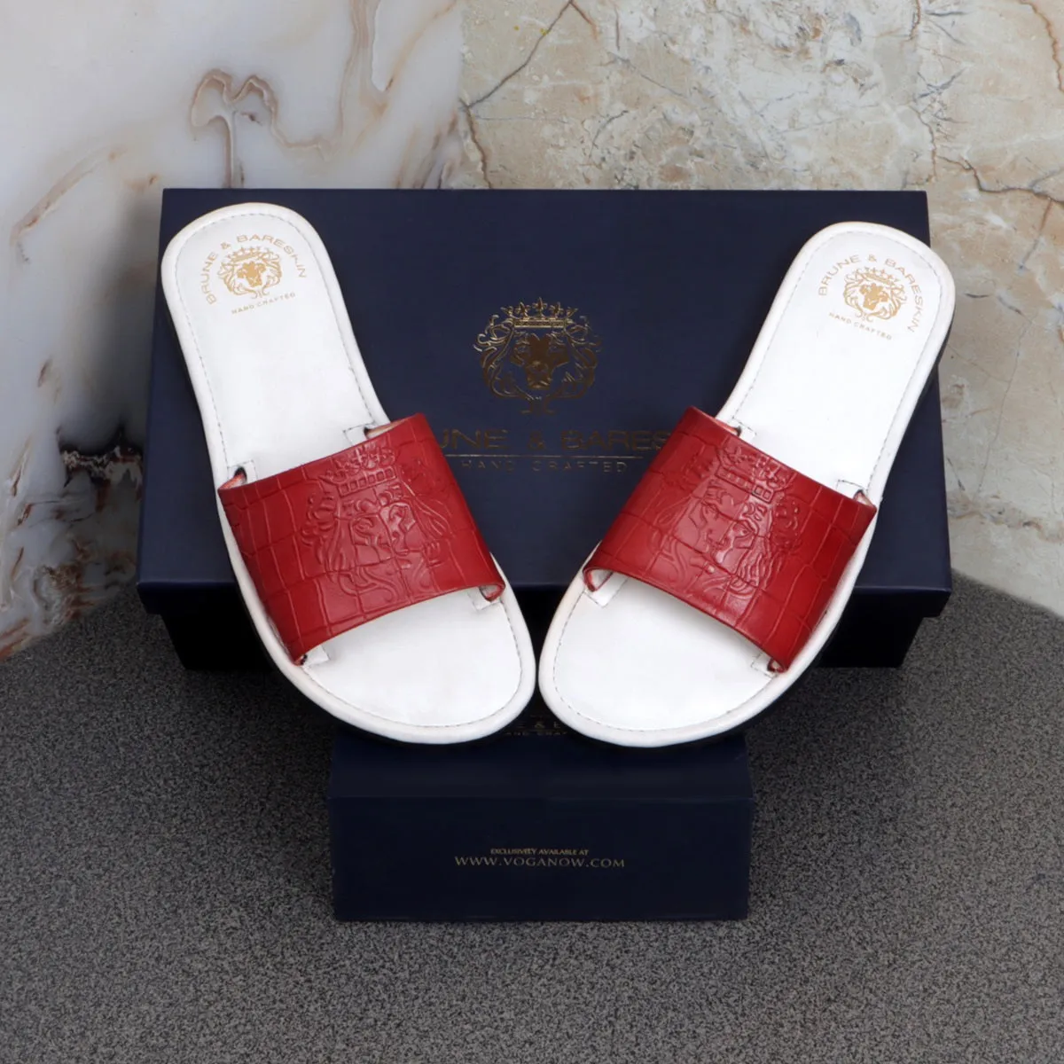 Dual Color Deep Cut Croco Print Red/White Leather Slide-In-Slippers For Ladies by Brune & Bareskin