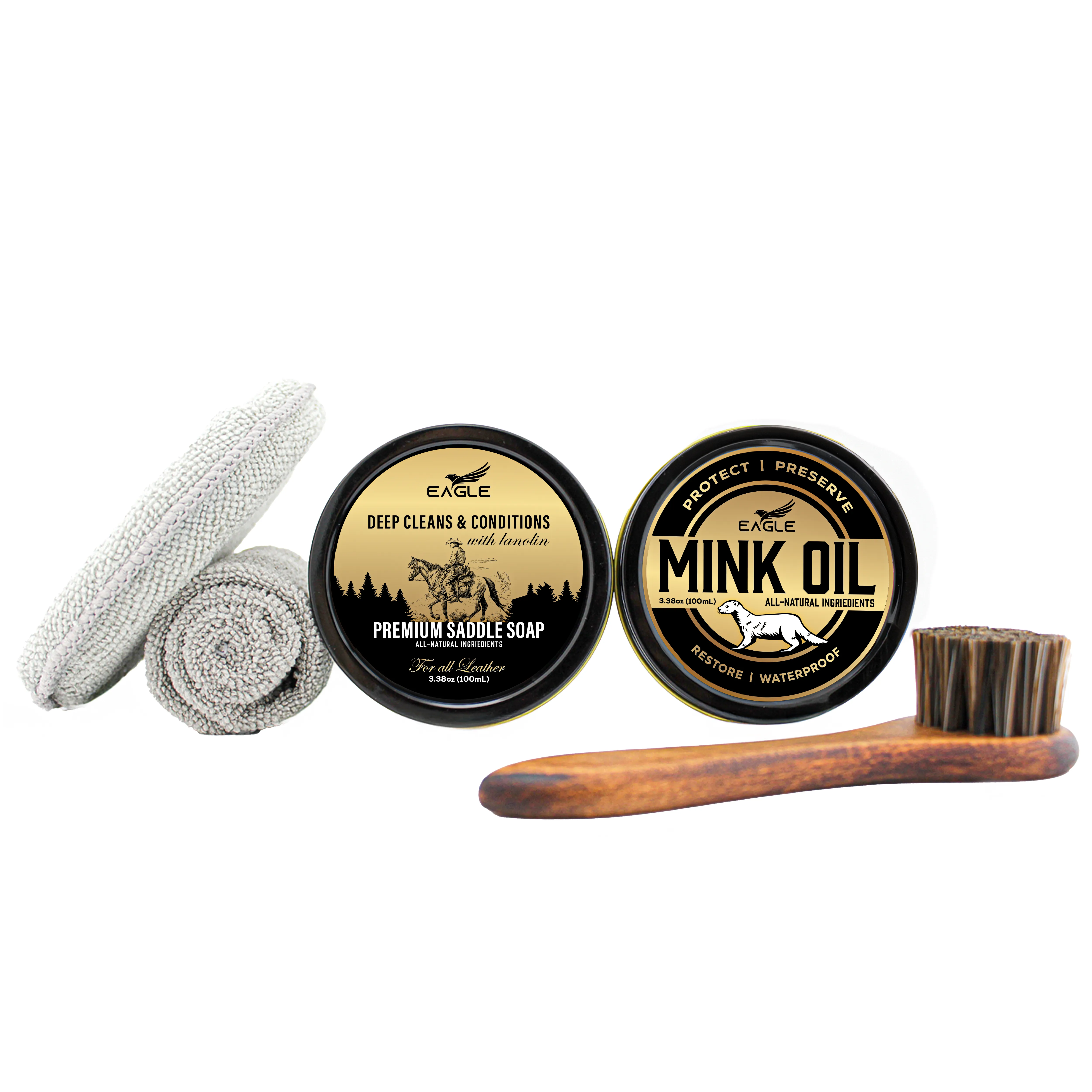 Eagle Mink Oil & Saddle Soap Leather Boot Care Kit- Leather Shoe & Boot Cleaning Kit with 2 Applicator & Cloth, 5 Pieces Leather Care Kit | Soften, Protect & Restore for Shoes, Boots, Purses & more.