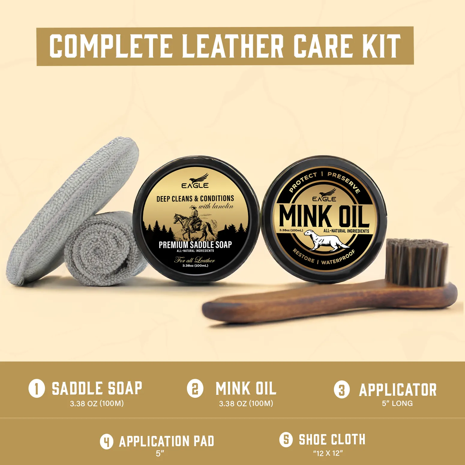 Eagle Mink Oil & Saddle Soap Leather Boot Care Kit- Leather Shoe & Boot Cleaning Kit with 2 Applicator & Cloth, 5 Pieces Leather Care Kit | Soften, Protect & Restore for Shoes, Boots, Purses & more.