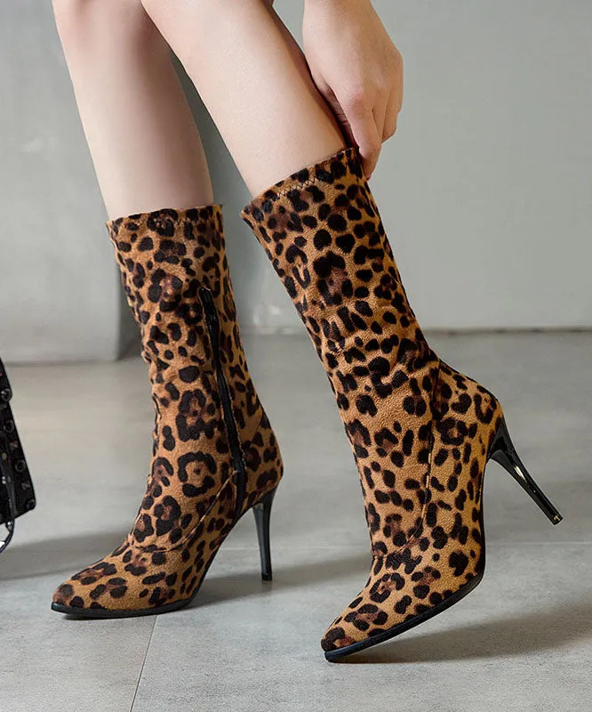 Fashion Leopard Print Genuine Leather Velour Fabric Zippered Boots Pointed Toe Boots