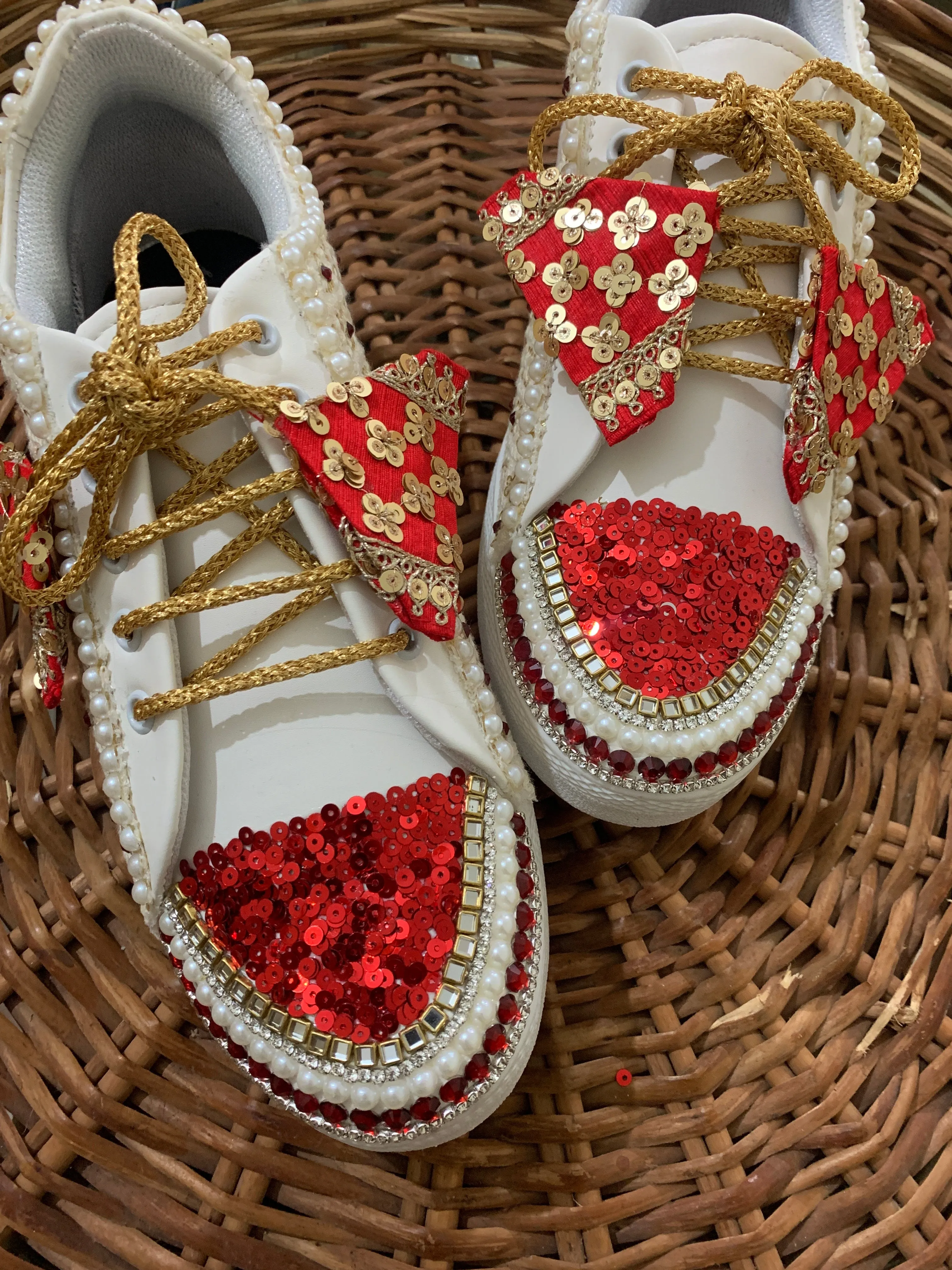 Funky N Trendy ivory and red embroidery work bridal sneakers/ bridesmaid sneaker / golden sneakers/ red sneakers / sequine work sneakers