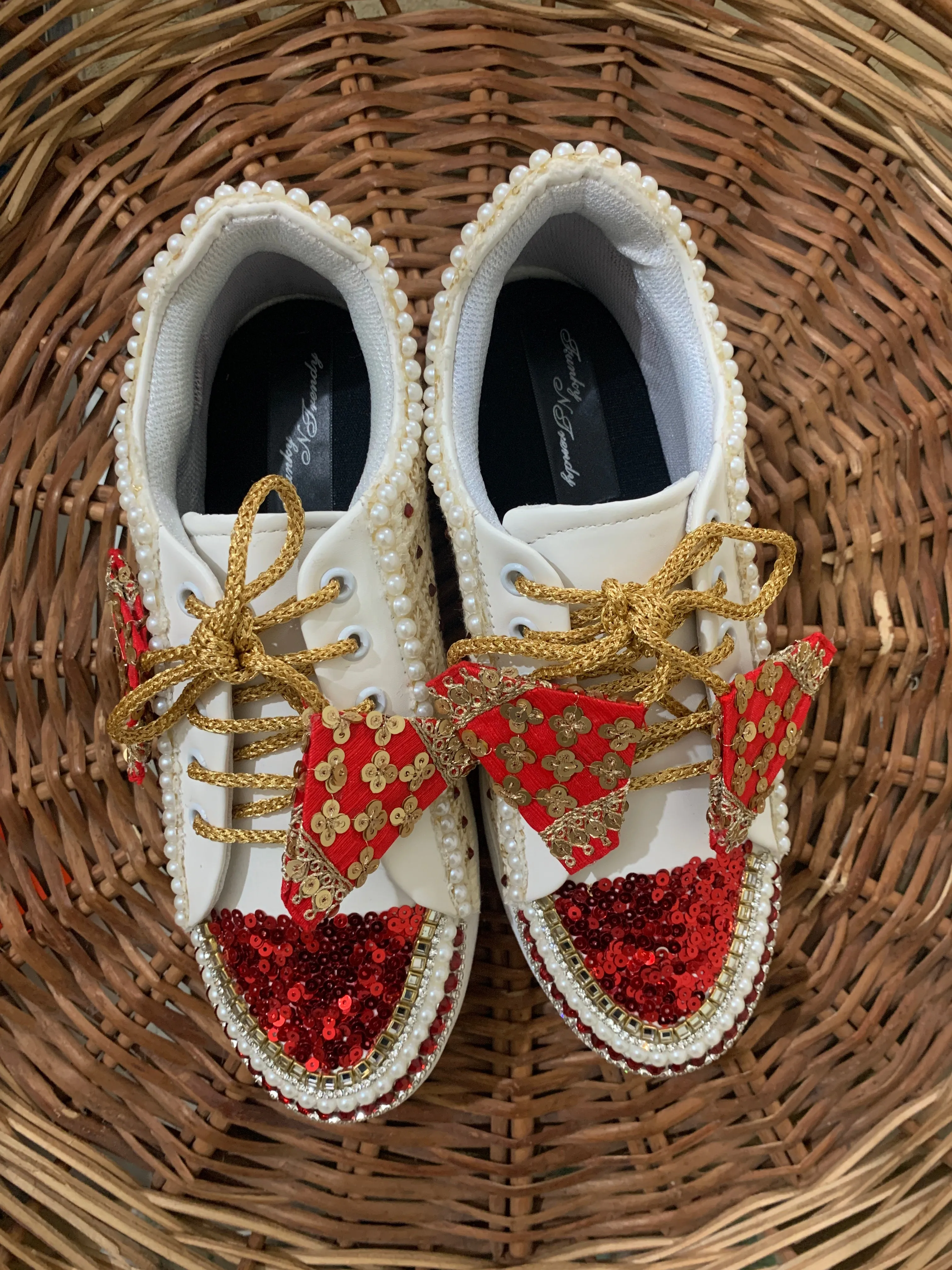 Funky N Trendy ivory and red embroidery work bridal sneakers/ bridesmaid sneaker / golden sneakers/ red sneakers / sequine work sneakers